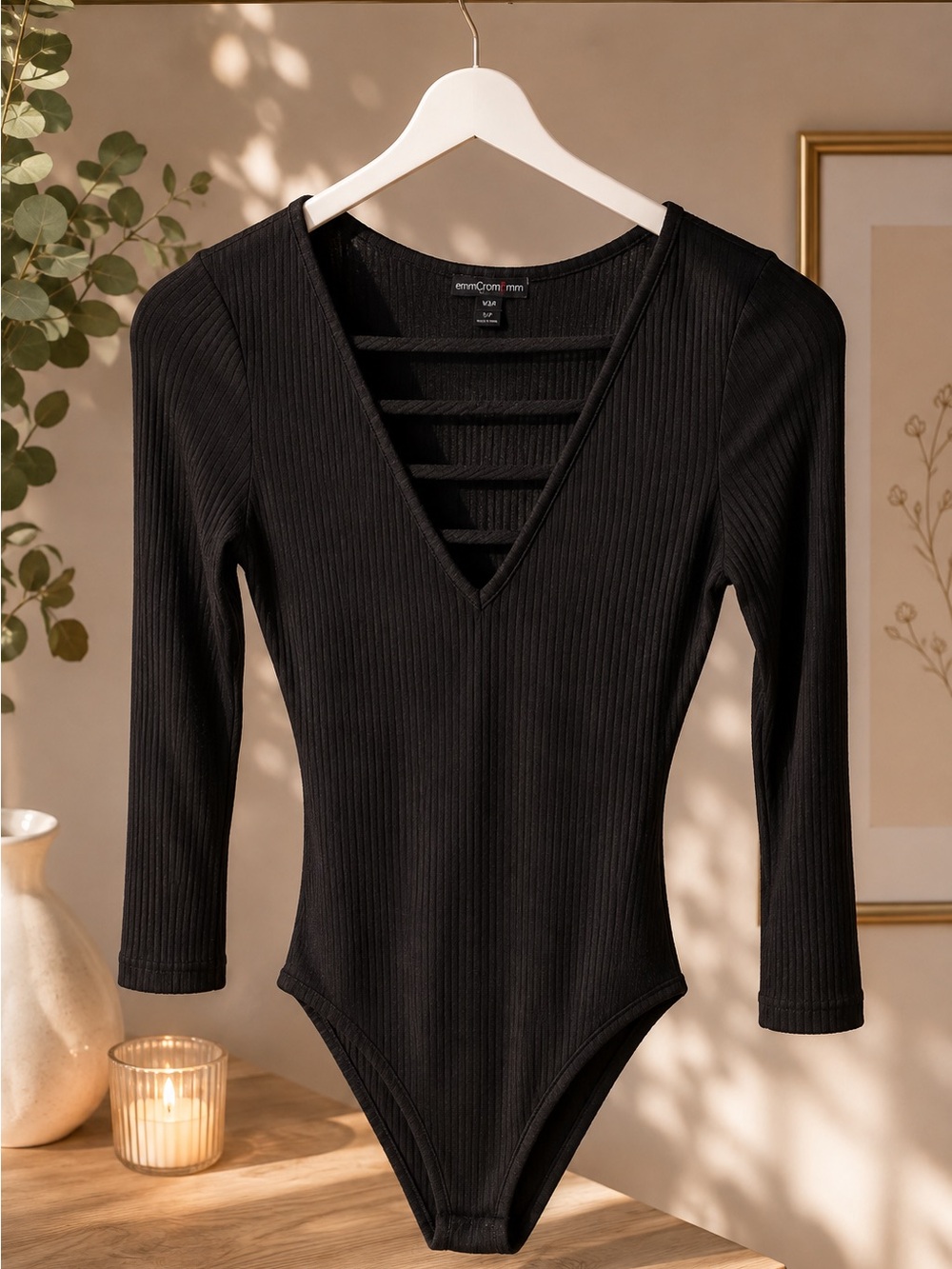 Ribbed Black V-Neck Ladder-Detail Long Sleeve Bodysuit